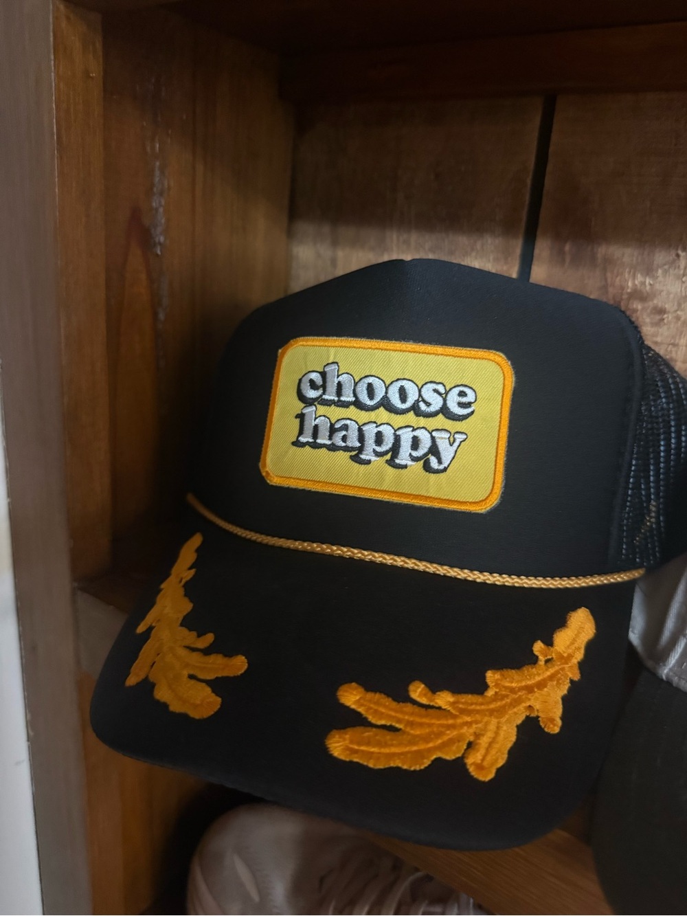 Choose Happy Black and Yellow Embroidered Trucker Hat